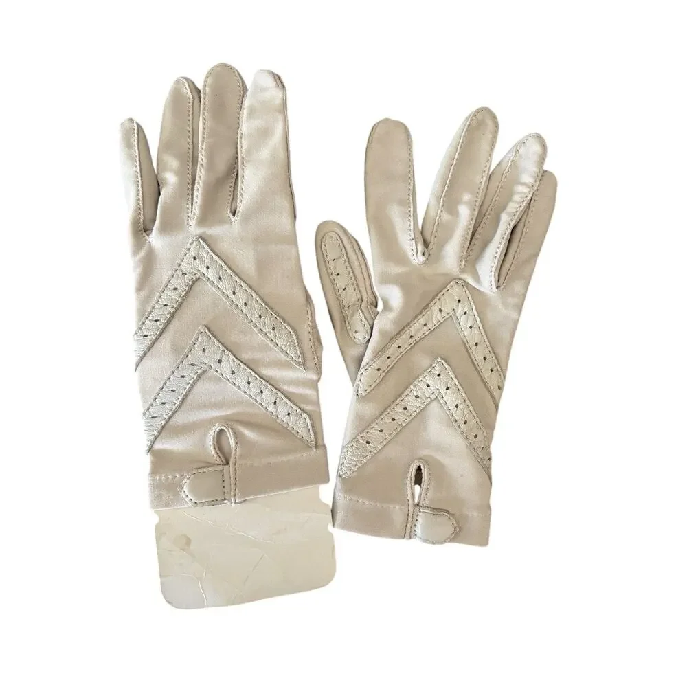 Vintage Isotoner Bone one size gloves leather trimmed stretch Driving Gloves